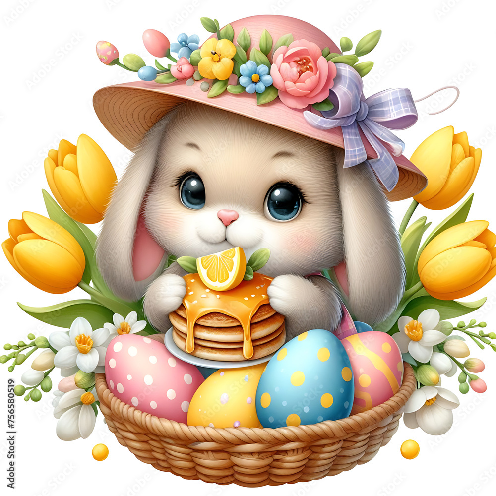 Obraz premium Cute rabbit in a pink hat enjoying pancakes amidst yellow tulips