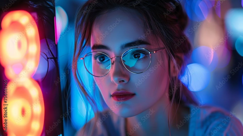 Focused woman in glasses coding on a computer in a room filled with neon lights Focused woman in glasses coding on a computer in a room filled with neon lights