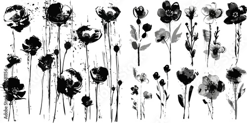 Vector set of hand drawn abstract modern flowers painted by ink