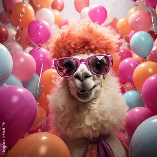 Festive event with a party animal alpaca in pink sunglasses surrounded by helium balloons