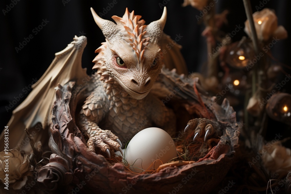 Obraz premium Newborn dragon in a nest of gems