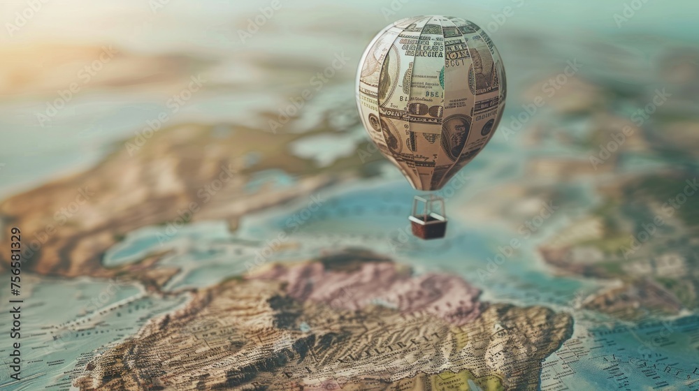 Digital artwork of a hot air balloon with a dollar bill design flying over a stylized world map, symbolizing economic travel. Digital artwork of a hot air balloon with a dollar bill design flying over a stylized world map, symbolizing economic travel.