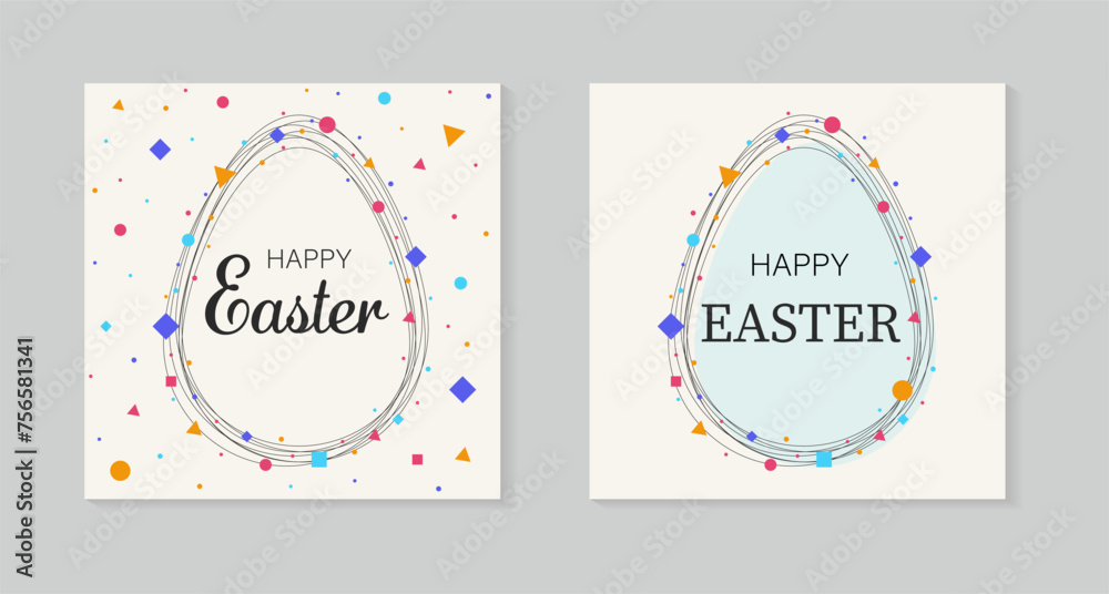Happy Easter cards set. Modern style background with colourful Easter eggs. Vector illustration
