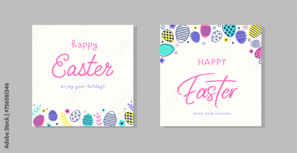Happy Easter set of greeting cards with colourful eggs. A set of modern style backgrounds. Vector illustration