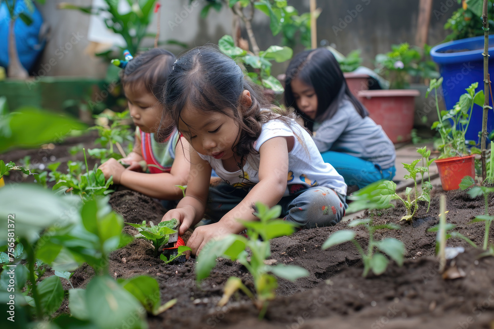 Young little kids planting plants in home backyard garden