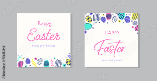 Happy Easter set of greeting cards with colourful eggs. A set of modern style backgrounds. Vector illustration