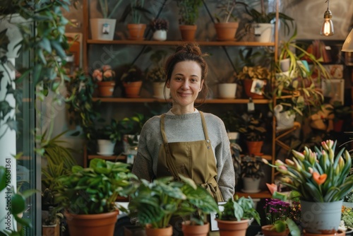 realistic photo of the flower shop with plants, standing at the counter working, smiling