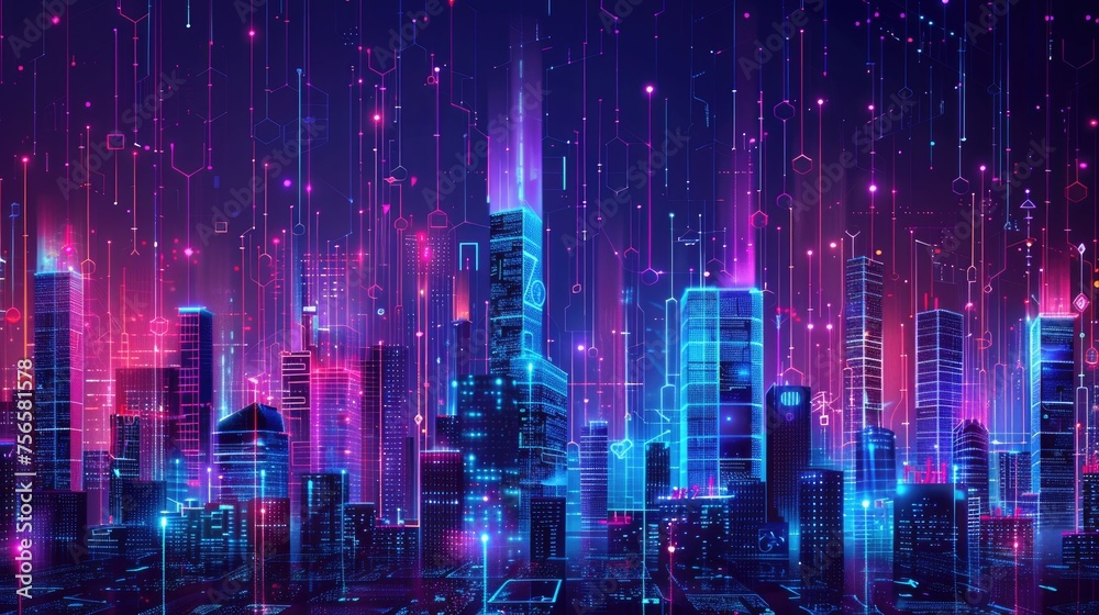 A neon-lit digital cityscape with glowing skyscrapers and dynamic light trails, visualizing data and network connectivity.