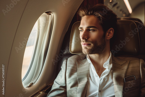 Rich young handsome man on a seat of his private jet looking through the plane window