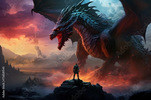 A lone knight facing a storm dragon