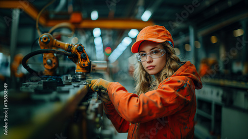 20s white female operator, working in a factory, arm robot machine. Wearing orange uniform. Concept of Industrial processes automated with artificial intelligence 