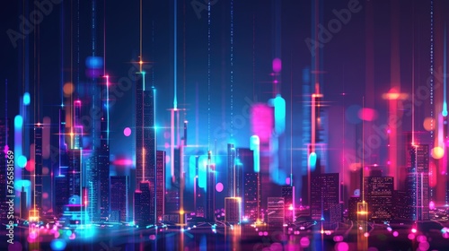 A neon-lit digital cityscape with glowing skyscrapers and dynamic light trails, visualizing data and network connectivity.