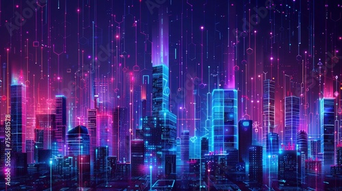 A neon-lit digital cityscape with glowing skyscrapers and dynamic light trails  visualizing data and network connectivity.