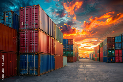 Stack of cargo container boxes with sunset background. 