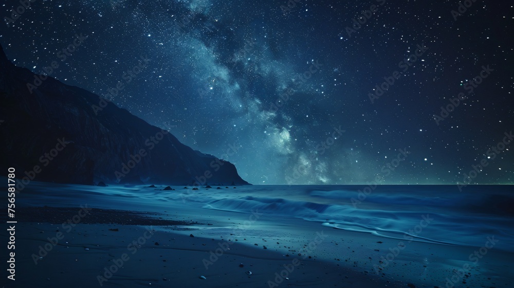 Starry night sky a canvas of cosmic wonder stretched out over a remote tranquil beach