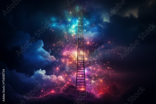 Business success ladder reaching towards the sky each rung lit with neon photo