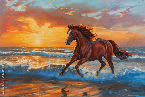 Painted majestic horse galloping on the beach at sunset.
