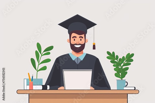 Online education concept. Young man in graduation cap and gown using laptop.