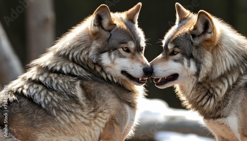 A Pair Of Wolves Grooming Each Other