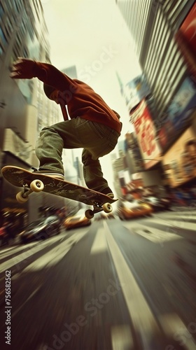Teenager skateboarding through bustling city streets freedom and adrenaline in every turn and jump