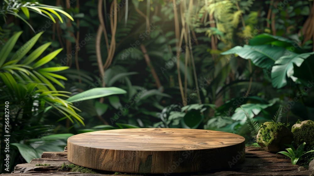 Wooden podium set in a lush forest jungle, ideal for product presentations and showcasing merchandise in a natural environment