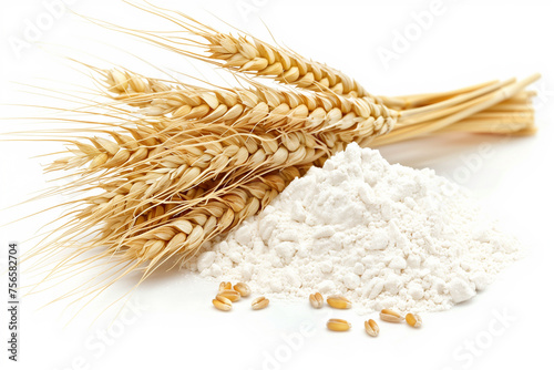 Fresh flour and ears of wheat isolated on white background.
