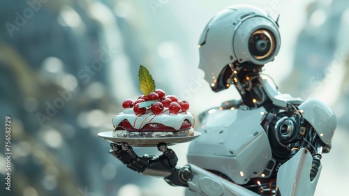Fototapeta Naklejka Na Ścianę i Meble -  Futuristic android holding a berry-layered dessert in a high-tech facility