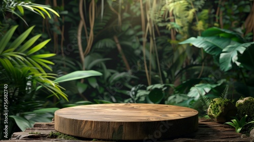 Wooden podium set in a lush forest jungle, ideal for product presentations and showcasing merchandise in a natural environment