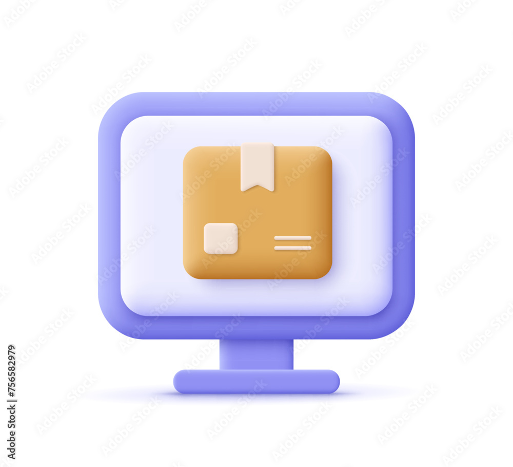 Computer monitor screen and cardboard box. Transportation, delivery, shipping concept. 3d vector icon. Cartoon minimal style. Computer monitor screen and cardboard box. Transportation, delivery, shipping concept. 3d vector icon. Cartoon minimal style.