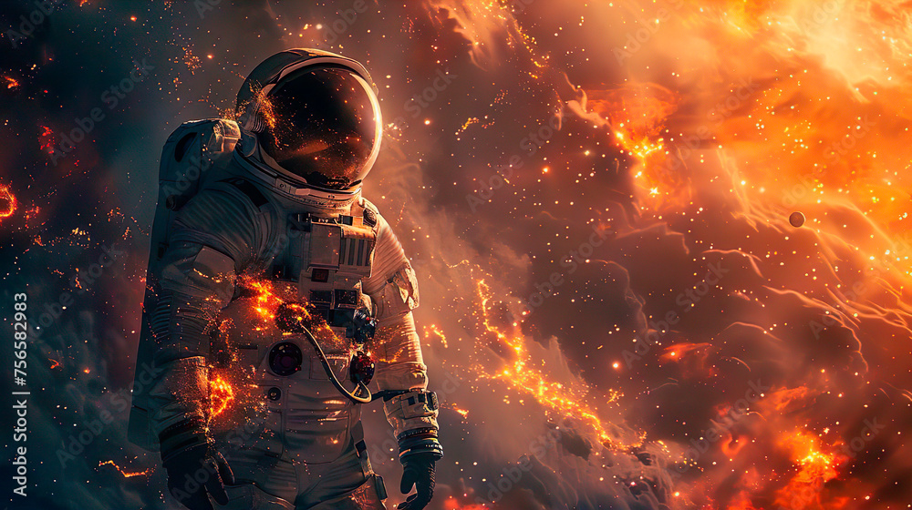 Fototapeta premium An astronaut in space suit and helmet on an alien wild planet. Scientific expedition mission flight to new planet and star. Space tourism of the future. Discovering new spaces in the universe.