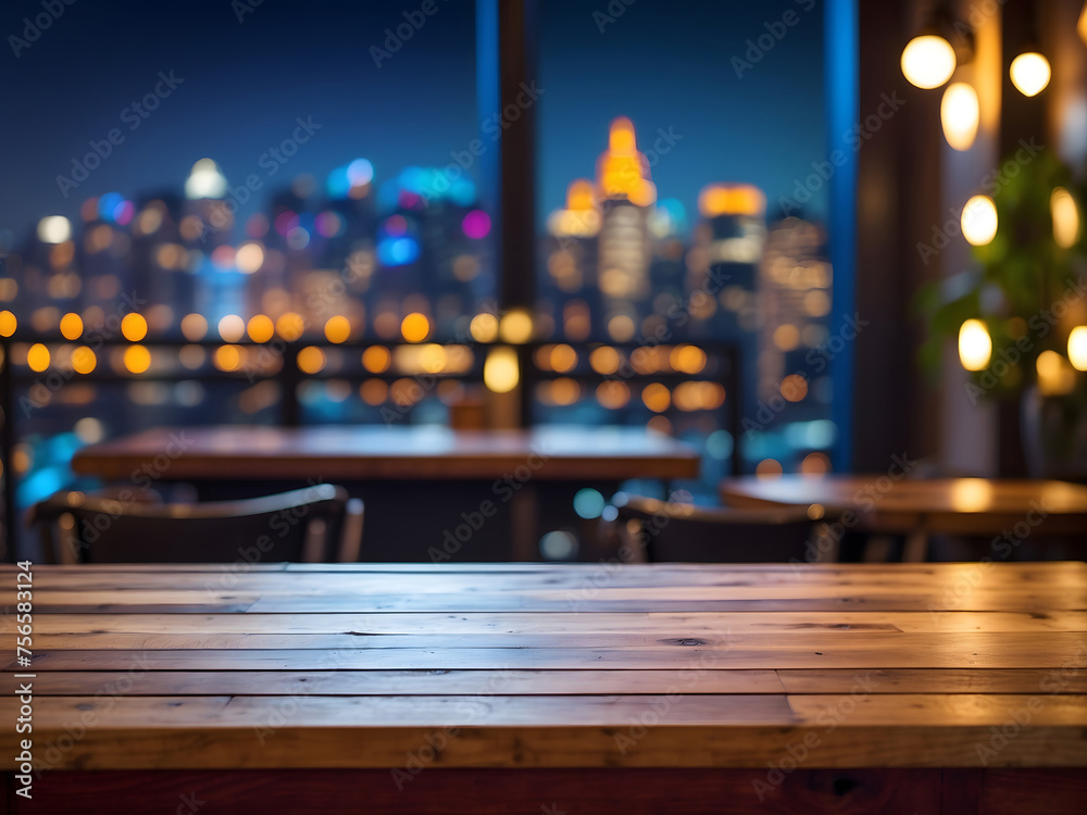 Wooden cafe table bokeh background, empty wood desk, restaurant tabletop counter in a bar or coffee shop surface product display mockup with blurry city lights backdrop presentation. Mock-up