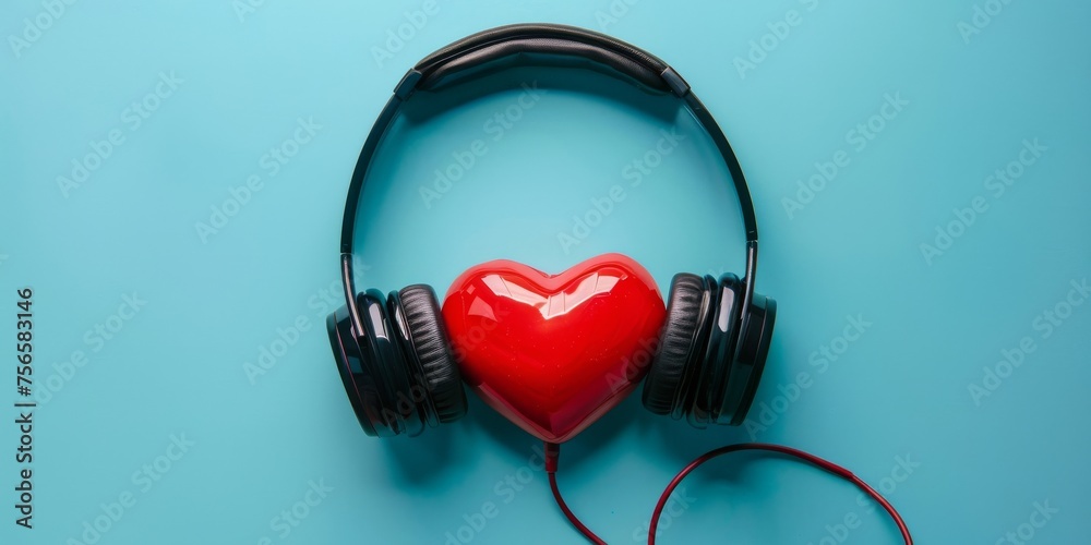 A red heart equipped with black headphones alone on a soothing blue background embodying a peaceful emotional escape A red heart equipped with black headphones alone on a soothing blue background embodying a peaceful emotional escape
