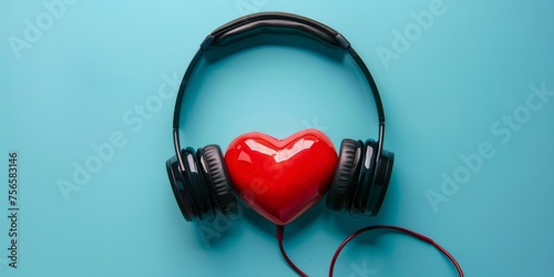 A red heart equipped with black headphones alone on a soothing blue background embodying a peaceful emotional escape