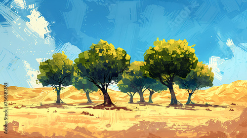 illustration of a group of scenic trees in desert, Islands, a collection of islets. Generative Ai