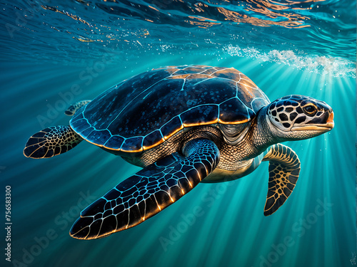 Leatherback sea turtles gracefully traverse the shallow  sun-kissed waters.