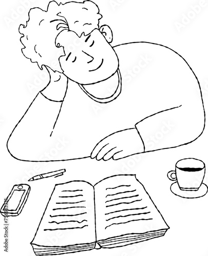 A person dreaming or thinking and reading at a desk with a cup of coffee, a smartphone and a book.