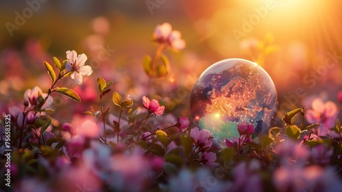 Glimmering globe amidst blossoms envisions a world flourishing in harmony