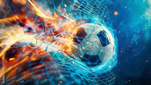 Soccer ball with fire in goal net bending blue with light bursts