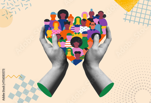 Diverse people in heart shape and human hands protecting vector card