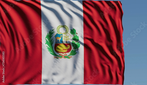 Close-up of the national flag of Peru flutters in the wind on a sunny day photo