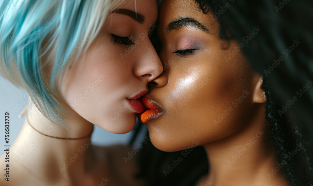 Gorgeous passionate lesbian kiss - obrazy, fototapety, plakaty 