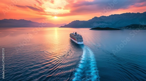 Modern cruise ship sailing the sea with sunset view photo