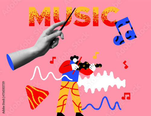 Musical man playing violin and human hand gesture collage vector design