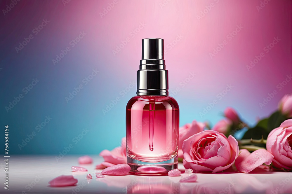 Cosmetic product in a bottle next to roses, in a pink and blue background