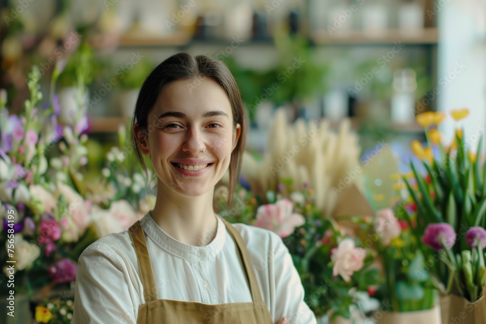 young smiling female florist standing in flower shop. SME entrepreneur. banner with copy space young smiling female florist standing in flower shop. SME entrepreneur. banner with copy space