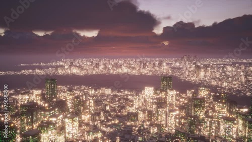 The city of perpetual partying on the ocean. The camera slowly descends on the city at the moment of a marvelous purple sunset.