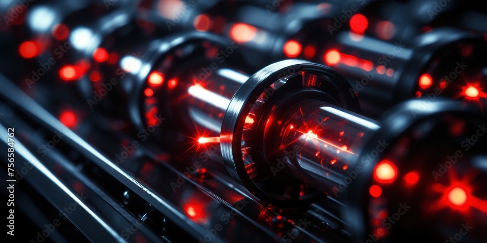 Detailed shot of a sound board with illuminated red lights