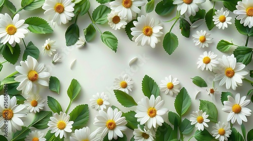 Chamomile leaves and flowers on a white background