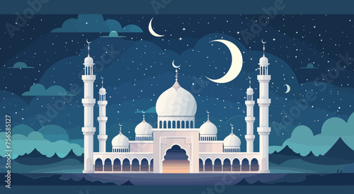 Vector flat illustration of a white mosque with a night sky background