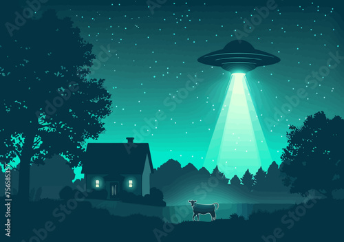 Flat vector illustration of an alien spaceship beaming up from the ground in front of house and trees